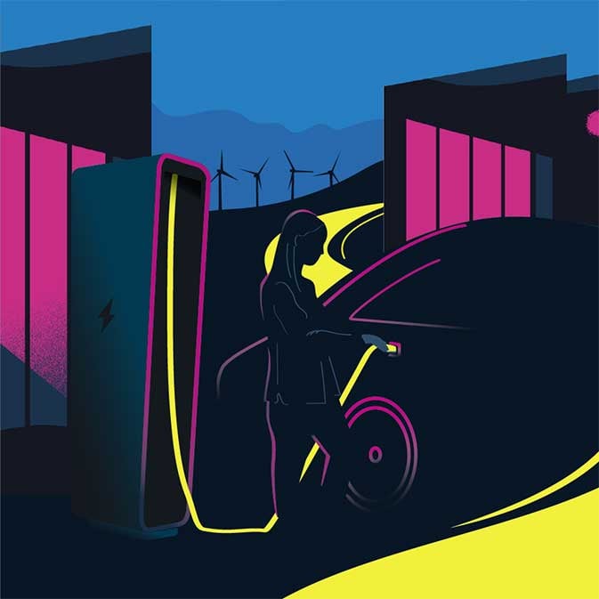 Illustration av en person som står bredvid en elbil och en ultrasnabbladdare och laddar sitt fordon