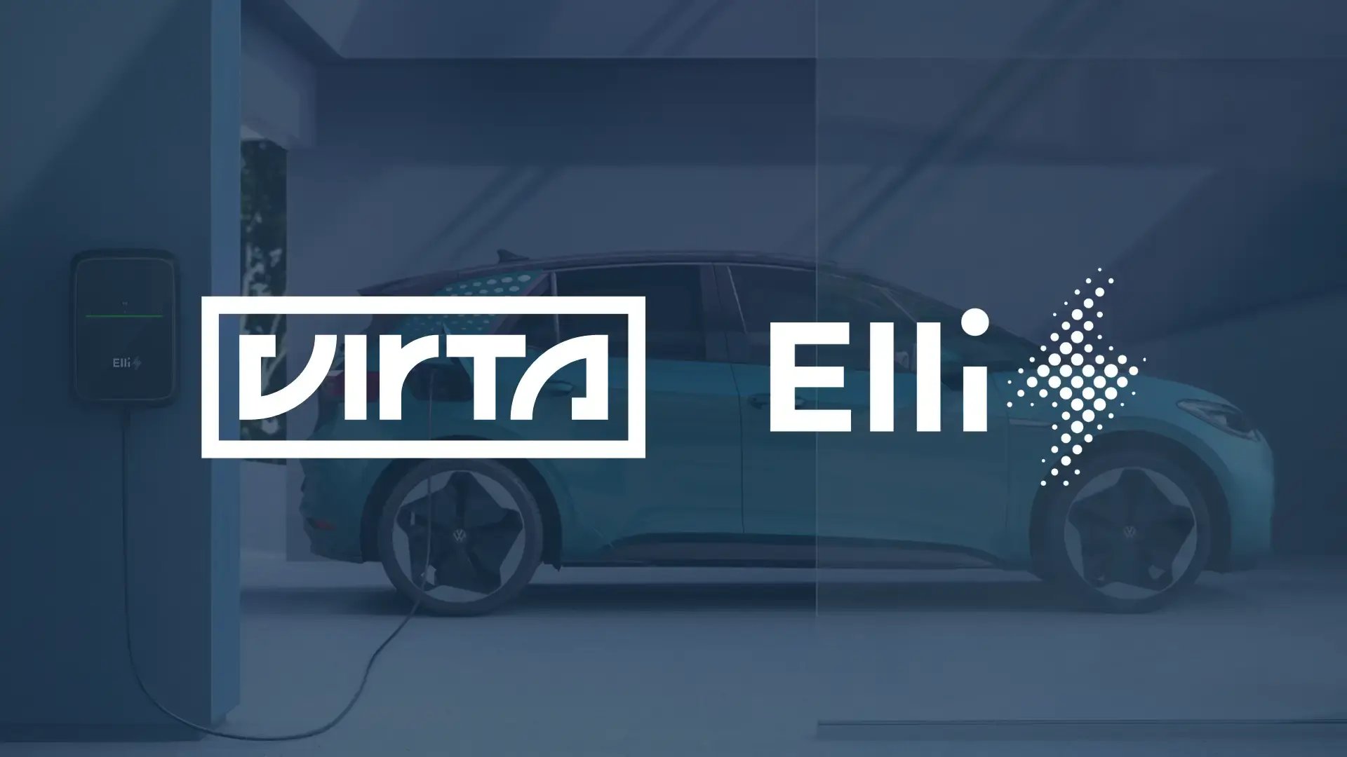 Elli Charger 2 plugged into an EV in a garage with Elli and Virta logos