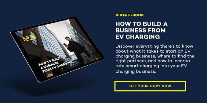 Bild på surfplatta med banner till Virtas guide "How to build a business from EV charging"