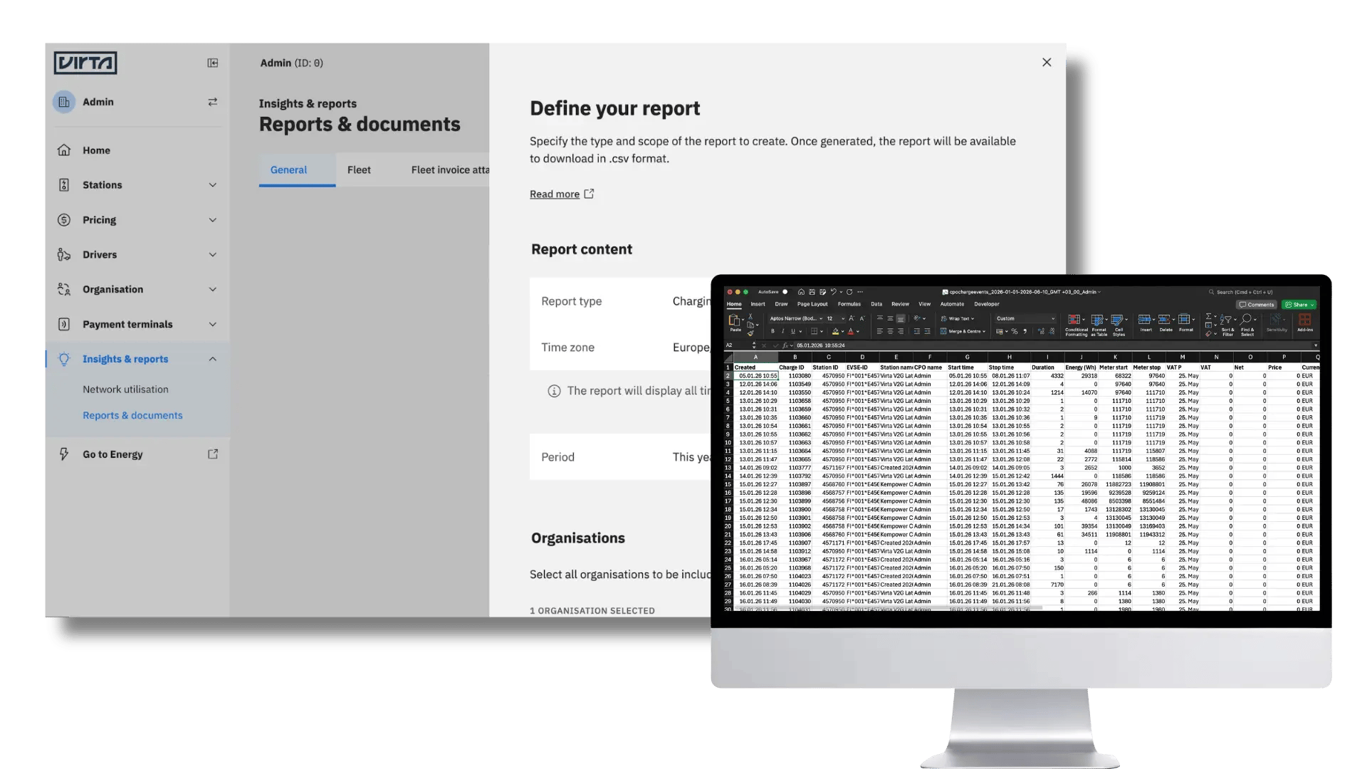 Virta Hub feature insights and reports with iMac in front showing data export in Excel on full screen