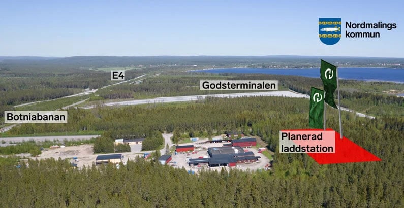 Illustration och karta över Nimbnets framtida laddstation i Nordmalings kommun