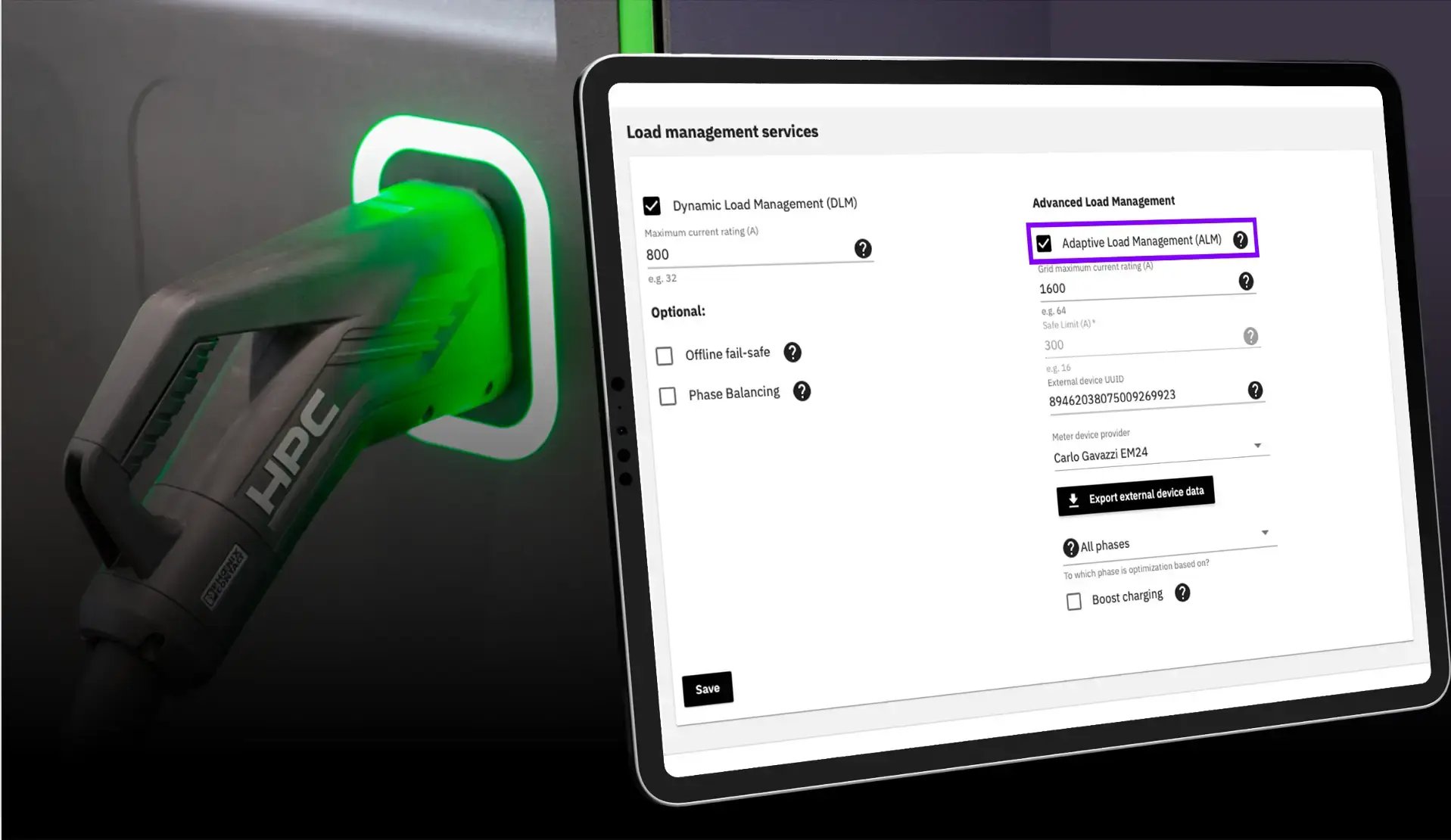 Load management services interface for DC charging sites