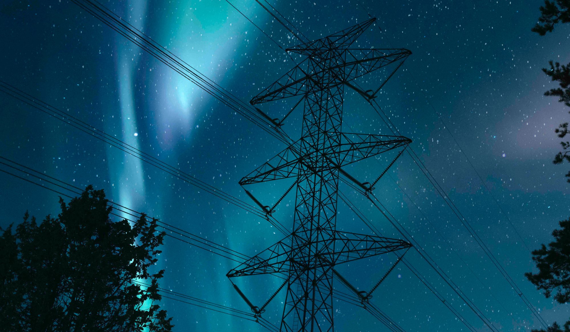 Photo of power lines in a forrest in the night, with northern lights on the sky