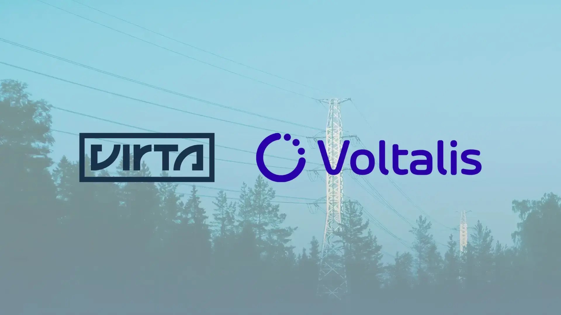 Virta and Voltalis logos over a backdrop of a power transmitter among trees