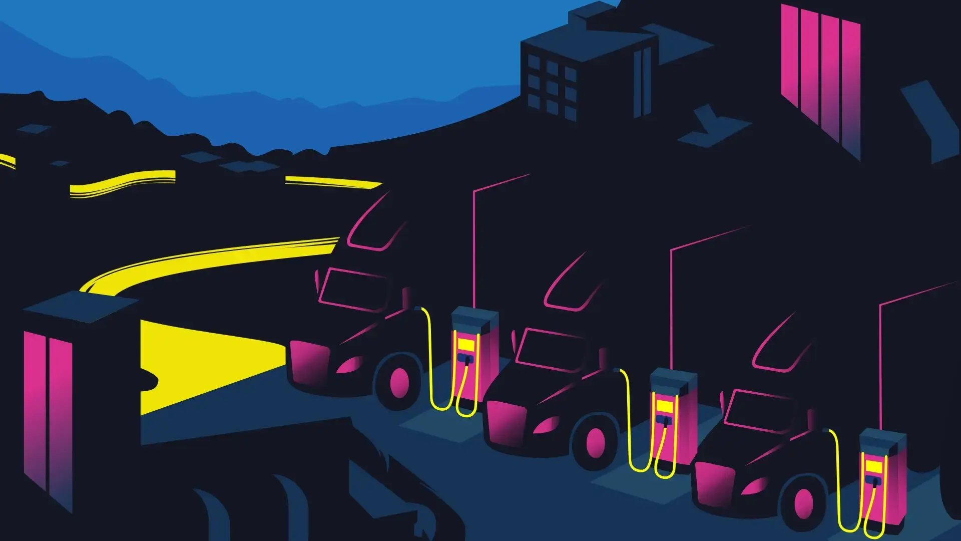 Illustration av tunga elektrifierade lastbilar som laddar i en stad i neonljus