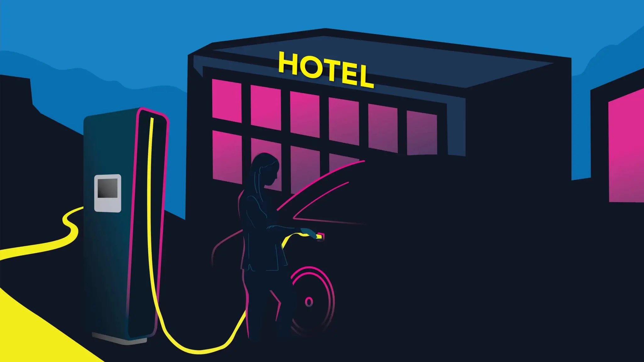 Illustration mit Schnellladestation vor einem Hotel