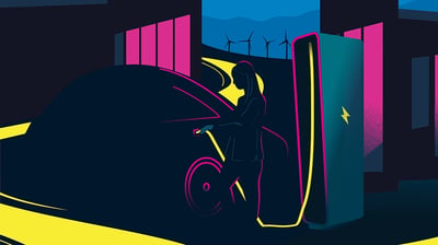 Illustration avec une femme chargeant une voiture en courant continu avec Alpitronic