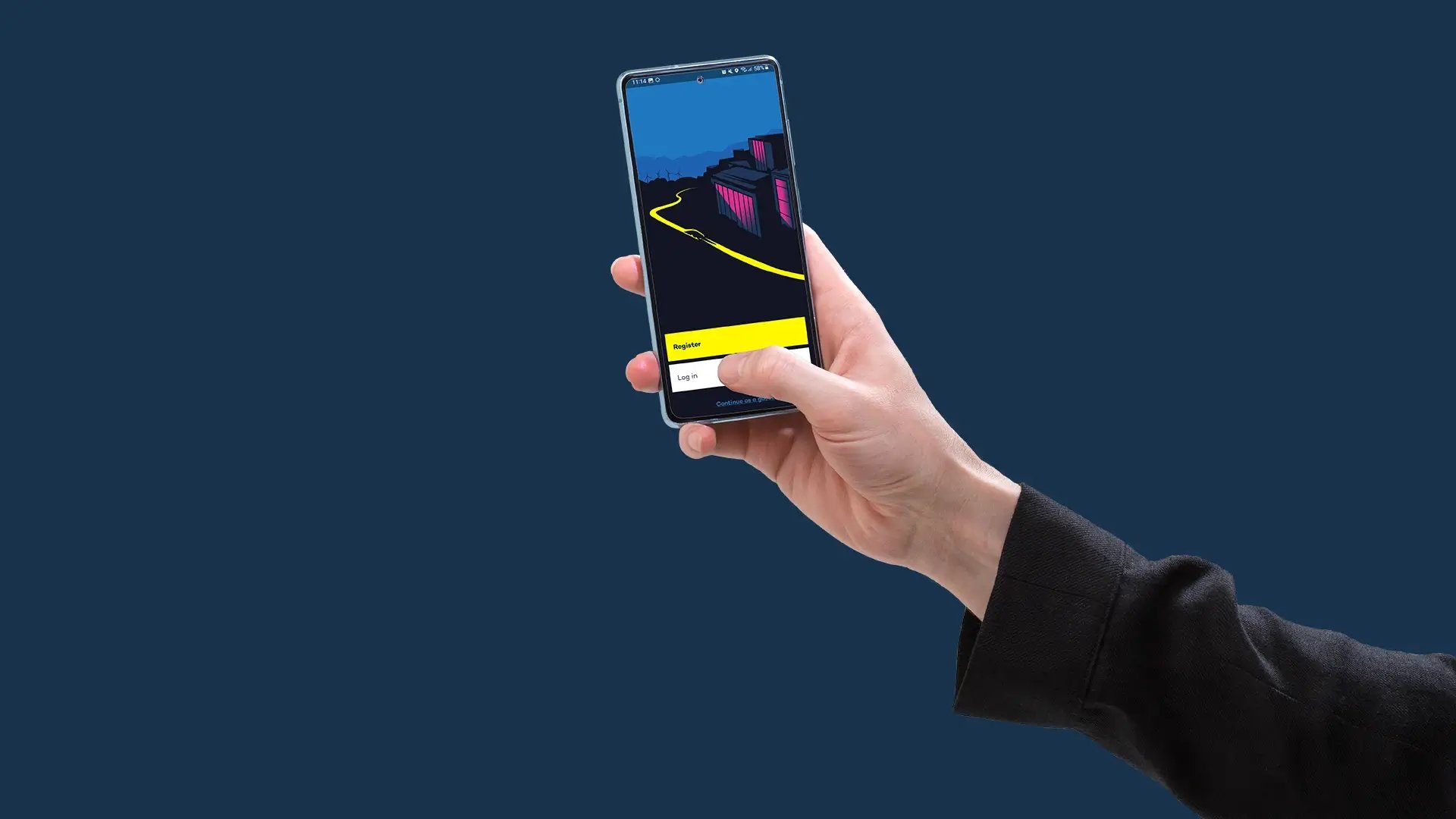 Hand holding smartphone register screen blue background