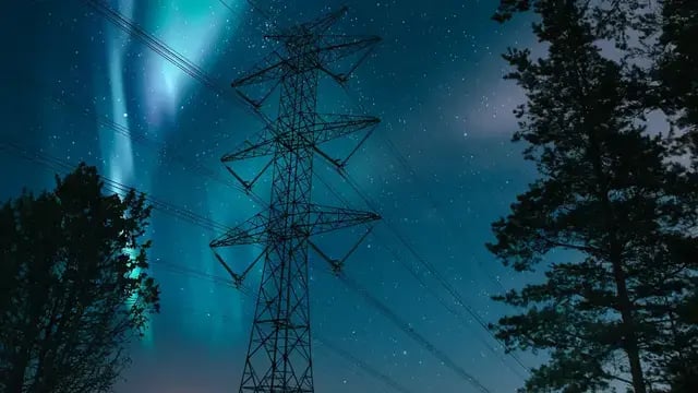 Aurora borealis, power-lines, trees, night sky