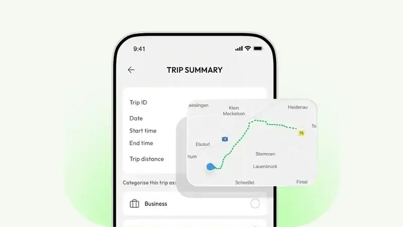 EV mileage tracking app showing trip summary and route map