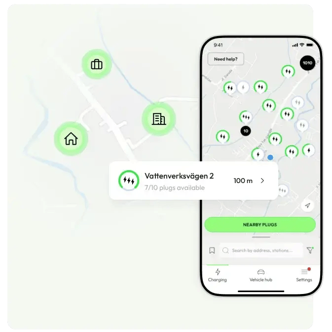 Mobile app interface showing nearby electric vehicle charging stations on a map