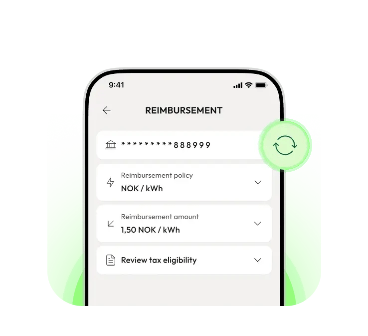 EV charging app showing reimbursement policy and compensation per kWh