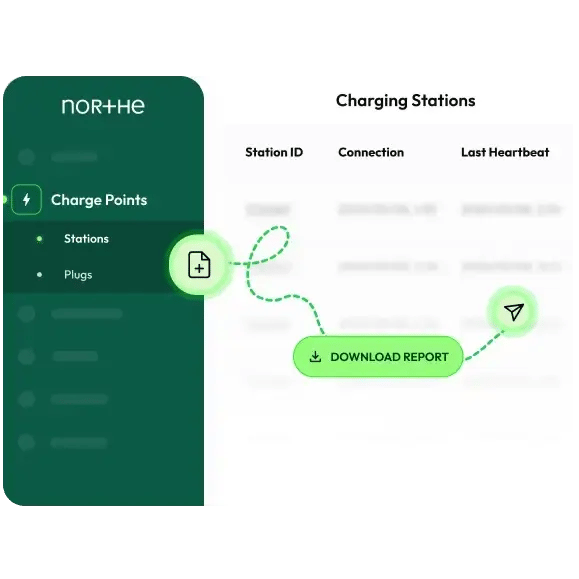 EV charging platform dashboard showing charging stations overview and report download feature
