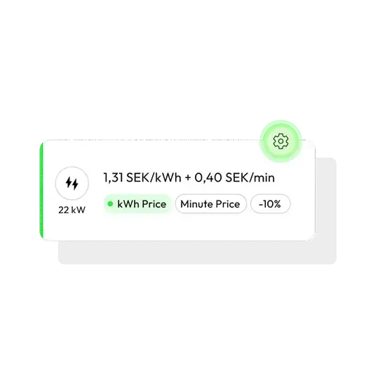 Mobile EV charging interface showing price per kWh and per minute charging cost