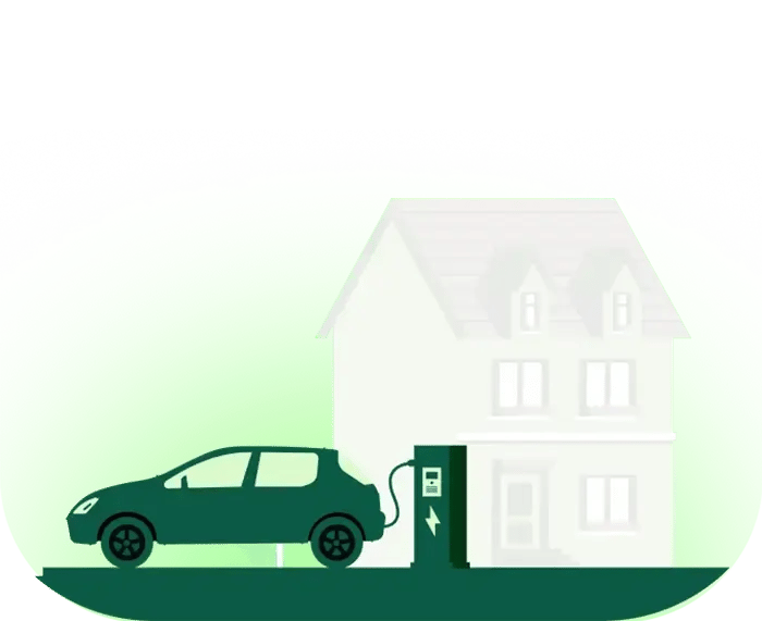 Illustration of an EV charging at a home charging station outside a house