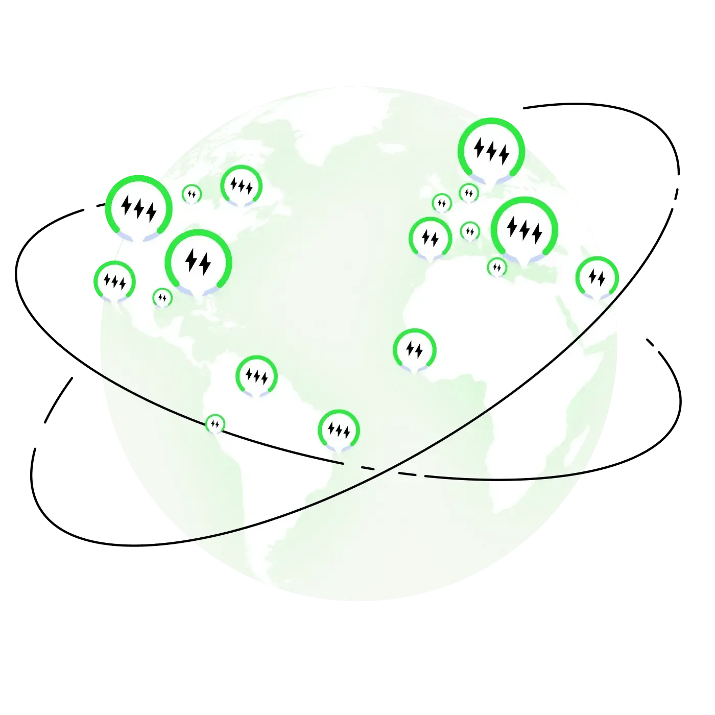 Illustration of a global electric vehicle charging network with connected locations across continents