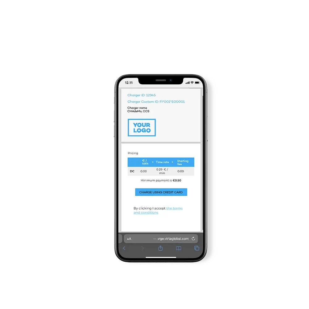 Smartphone med skärmbild från Virtas webbplats för engångsbetalningar