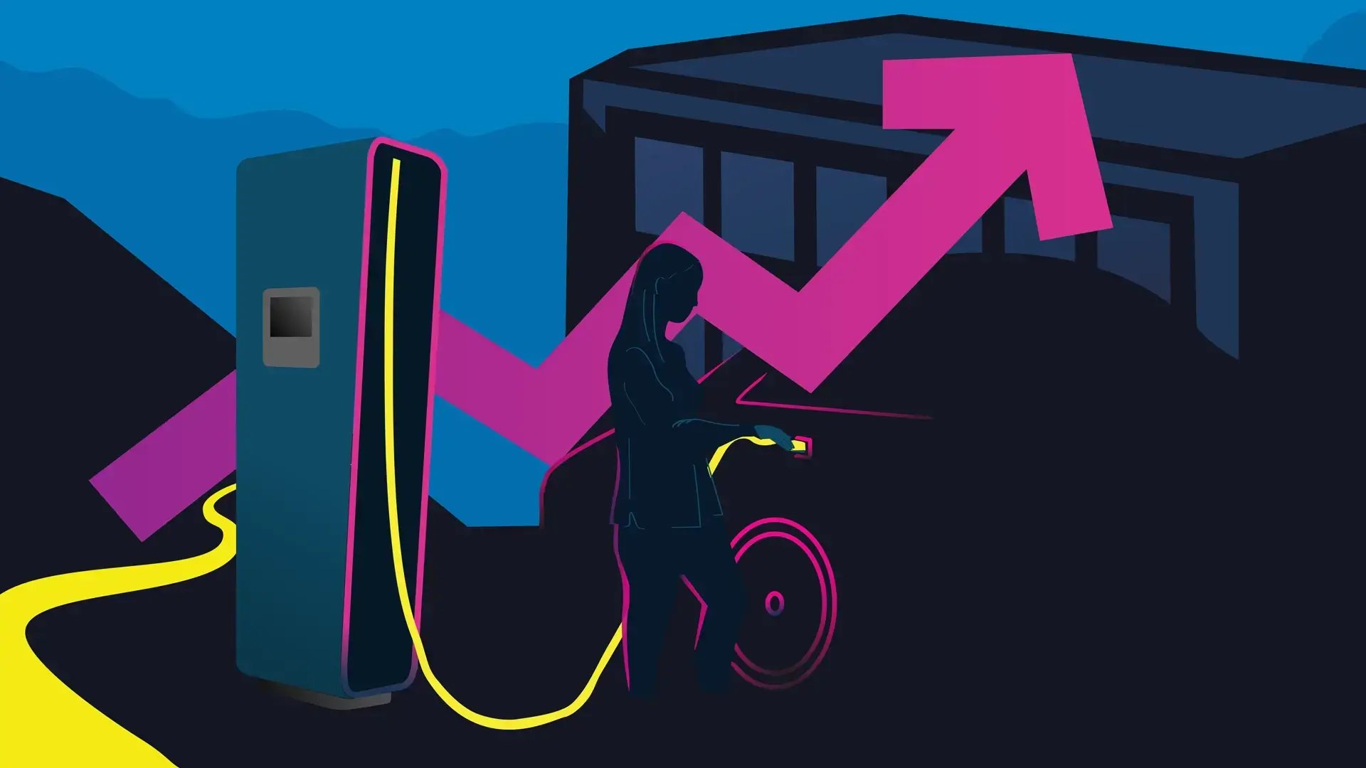 Sähköautolataamassa kannattavuuslaskurin käyrä kasvaa graafiikka