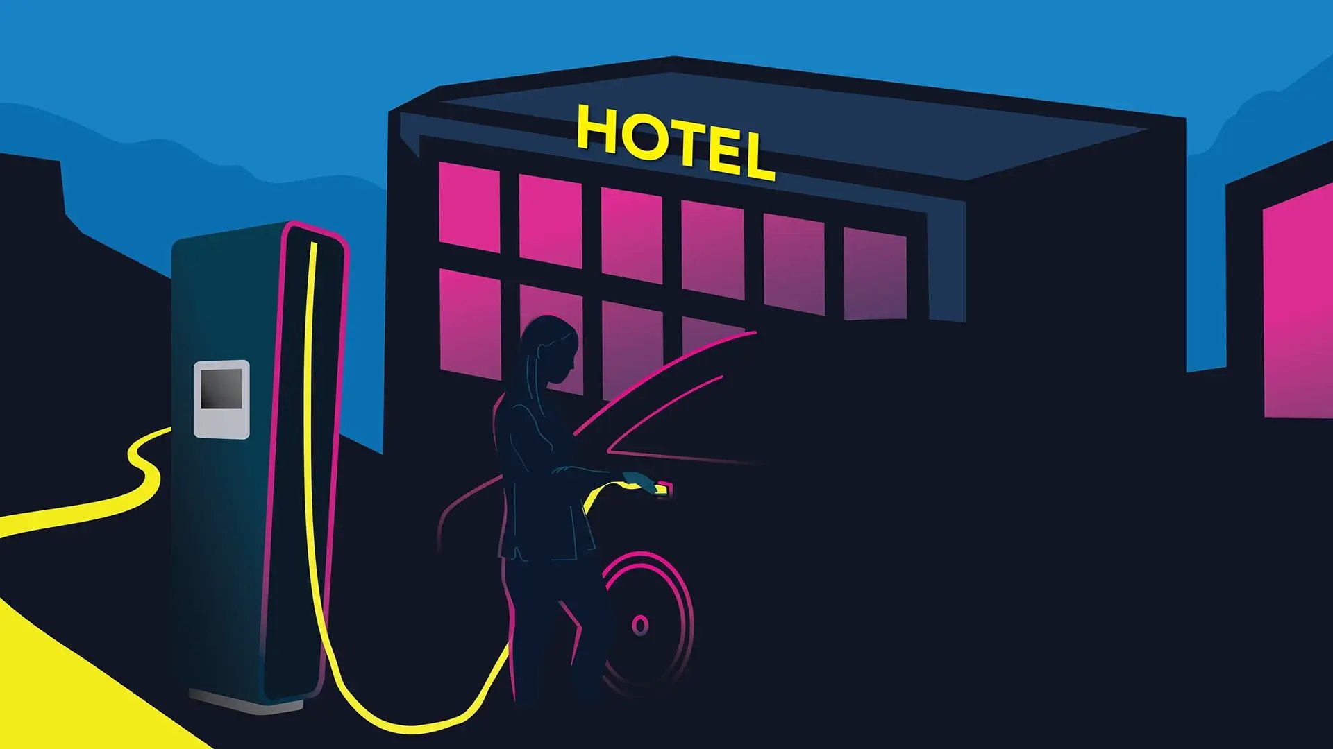 Illustration mit Hotel und Schnellladestation an der gerade eine Person mit E-Auto lädt