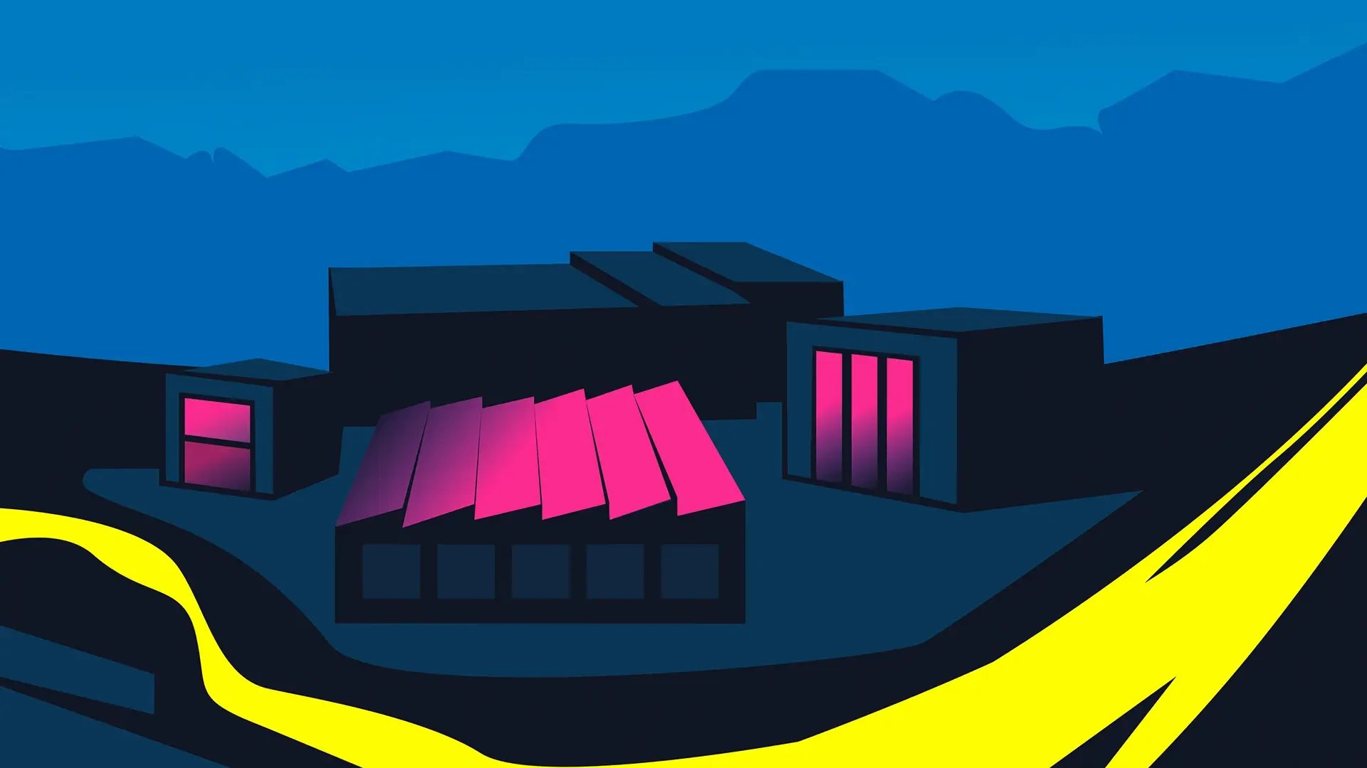 Illustration mit Gewerbegebiet und Industrie und Energiefluss in Form einer gelben Ader