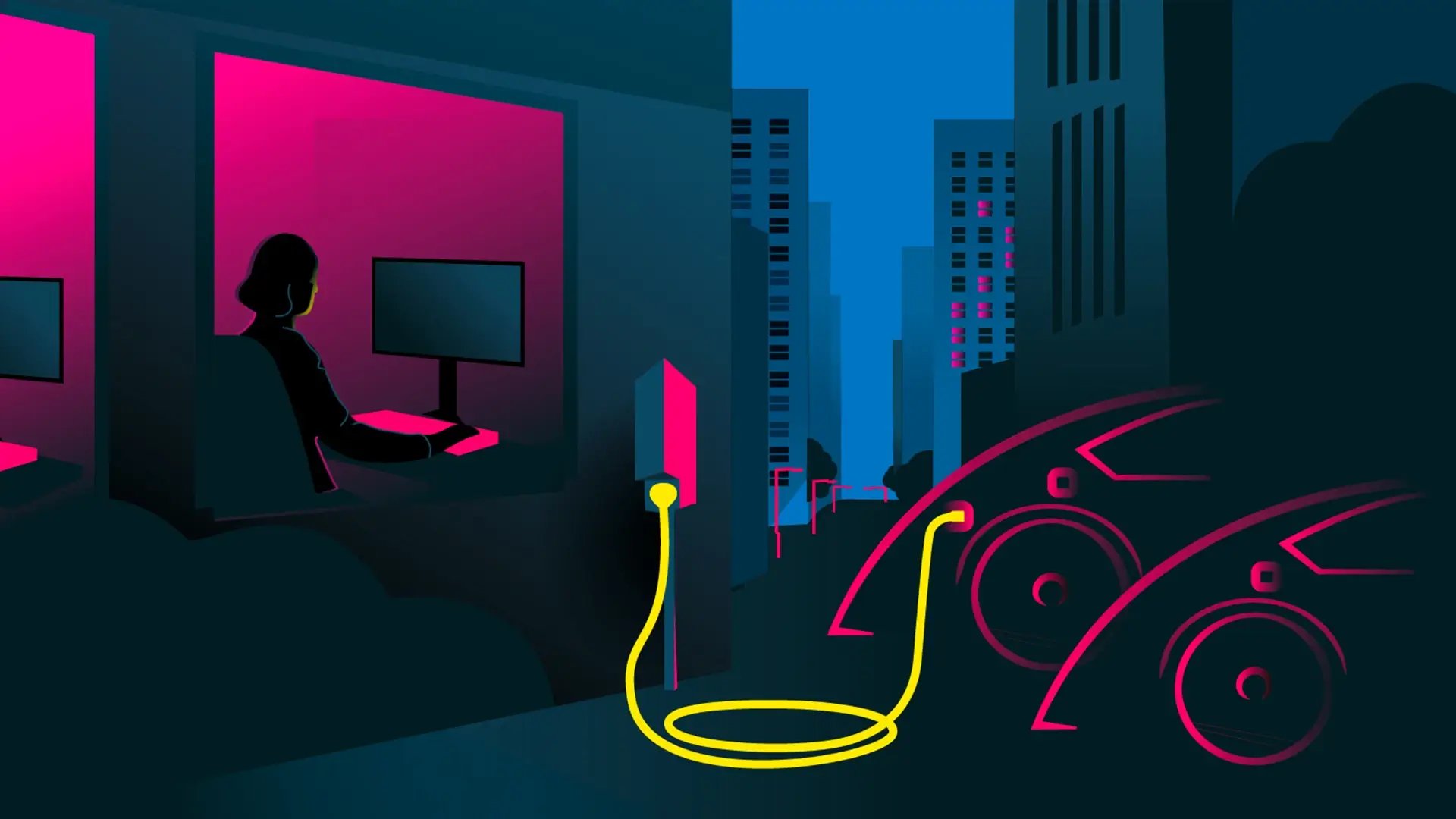 Illustration mit Stadt und E-Auto am Laden mit Person, die am Schreibtisch arbeitetllustration neon city