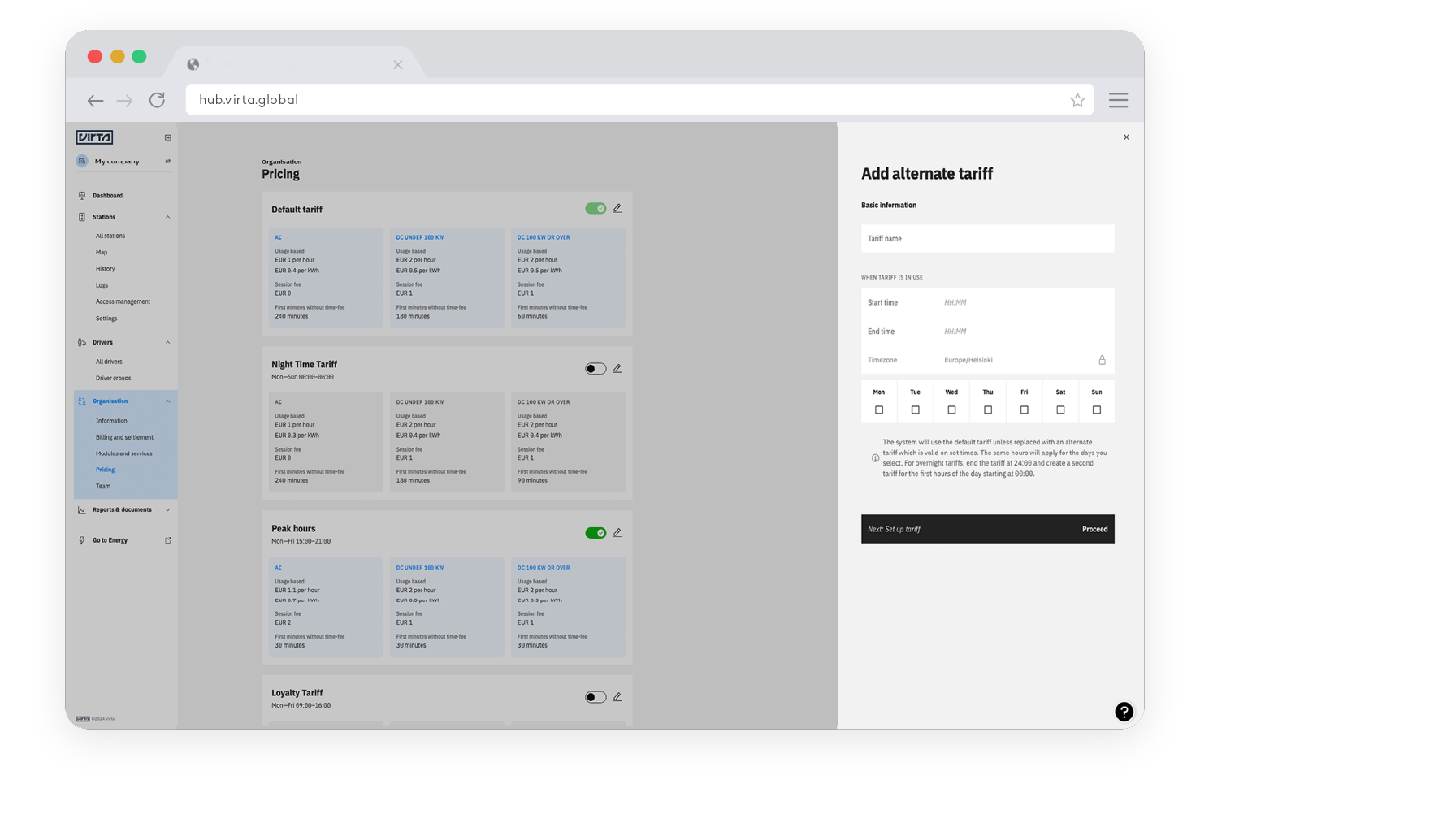 Virta Hub pricing management dashboard mockup