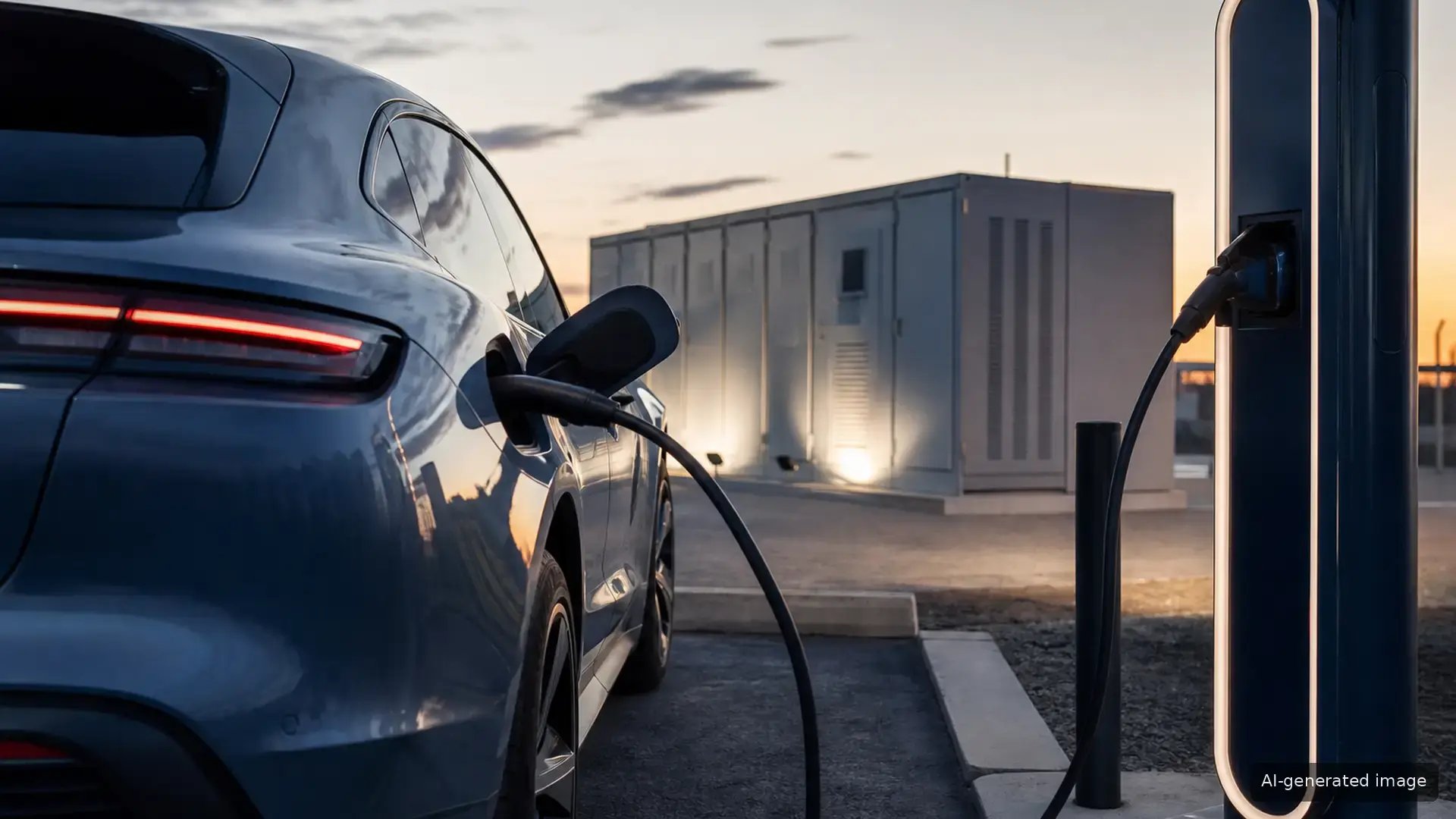 Electric vehicle charging at a fast-charging station powered by a battery energy storage system (BESS), with a grey sedan connected via charging cable at dusk.