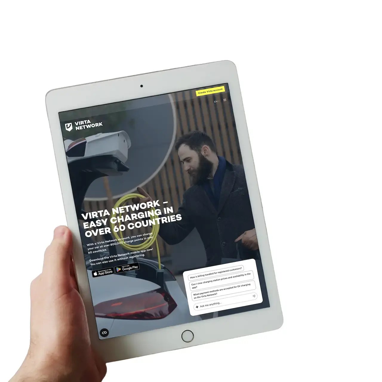 Hand holding iPad with Virta B2C webpage and AI driver support visible on screen with transparent background