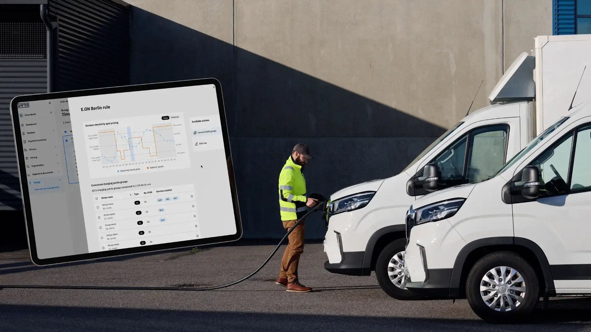 Man charging a delivery van fleet, with an iPad mockup on the left showing E.ON’s time-of-use based charging and energy management feature