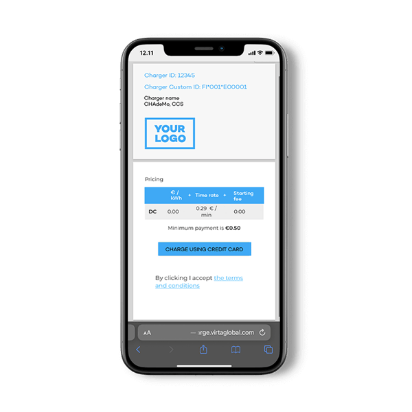 Bild på mobiltelefon och Virtas app för engångsregistrering för betalningar