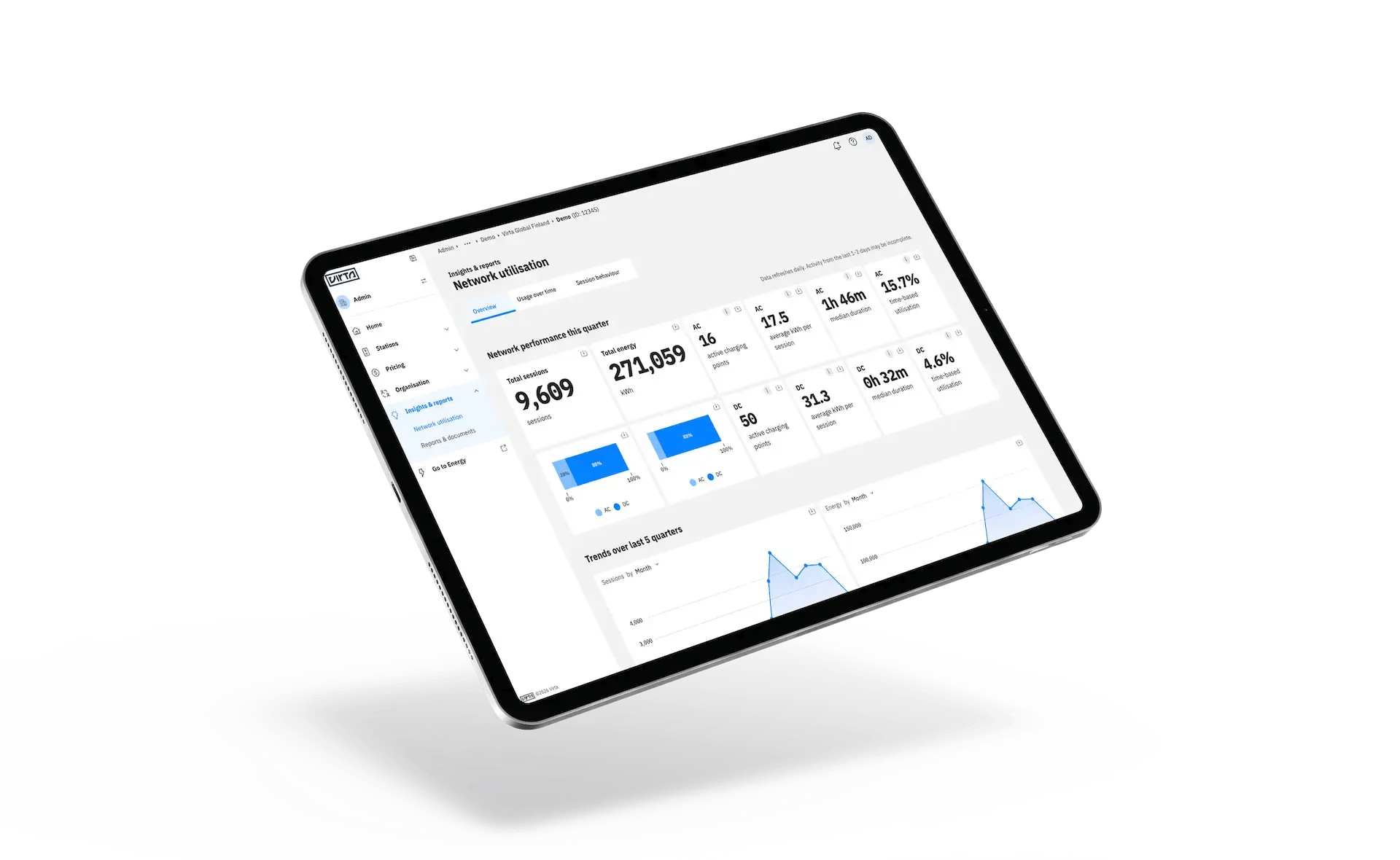 Tablet with Virta Hub insights and reports showing overview analytics