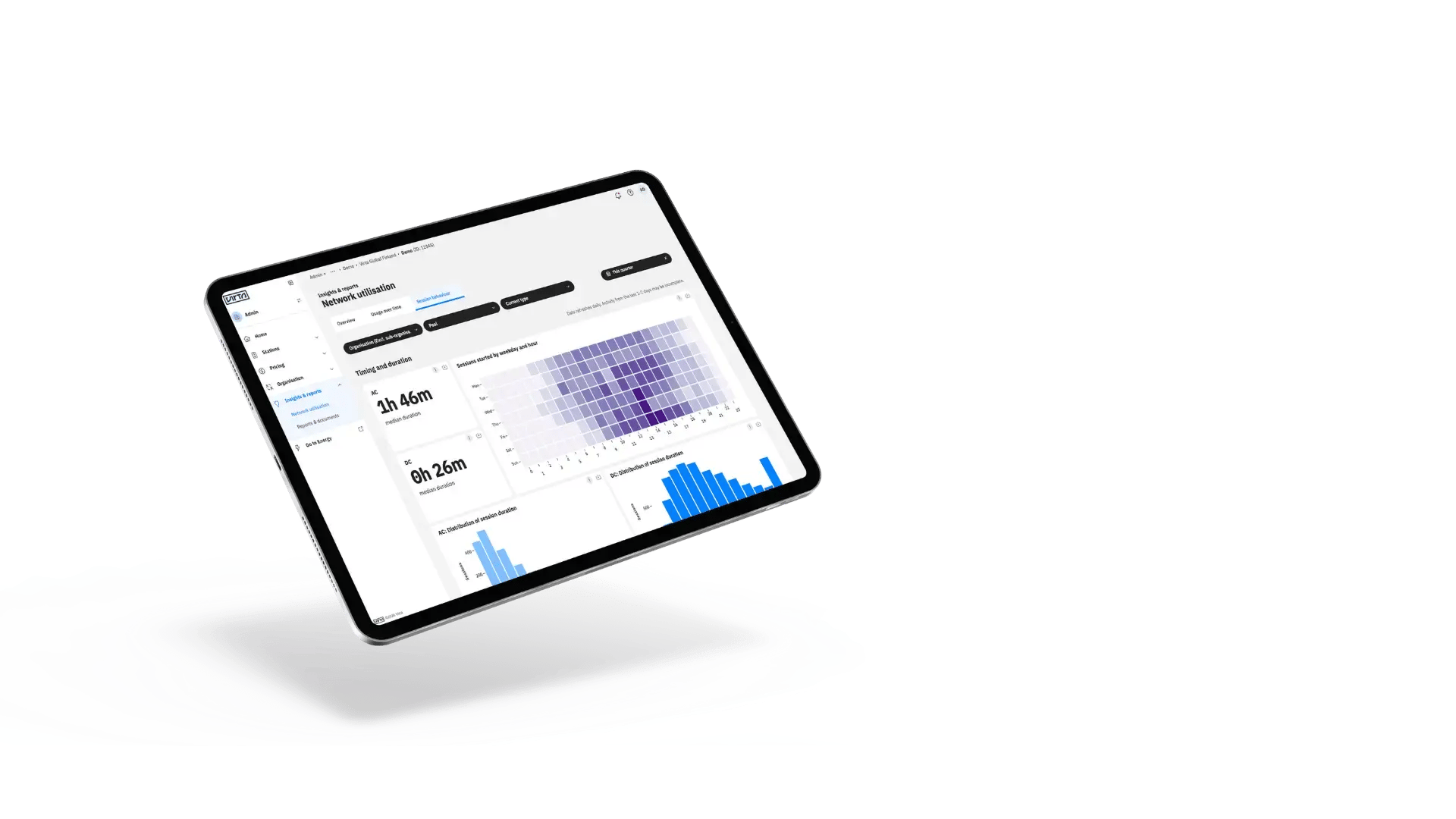Tablet with Virta Hub insights and reports showing session behaviour analytics