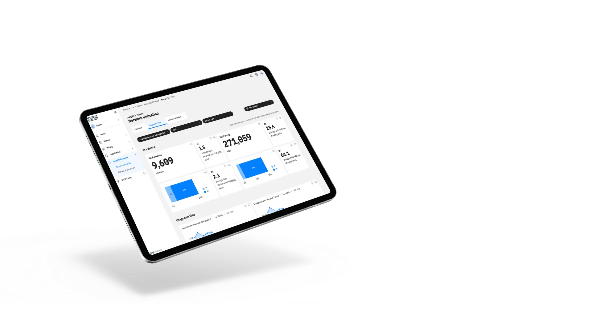 Tablet with Virta Hub insights and reports showing usage over time analytics