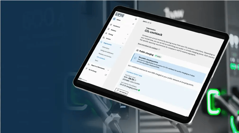 Virta Hub CO2 cashback dashboard on tablet showing emissions data and charging insights