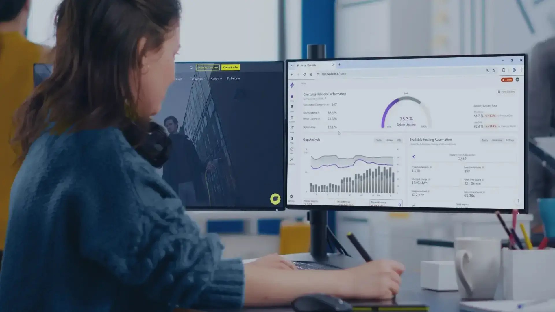 Woman at office desk using Evailable on computer with blue overlay