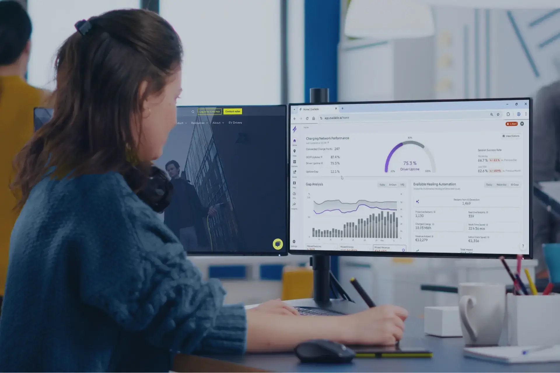 Woman at office desk using Evailable on computer with blue overlay