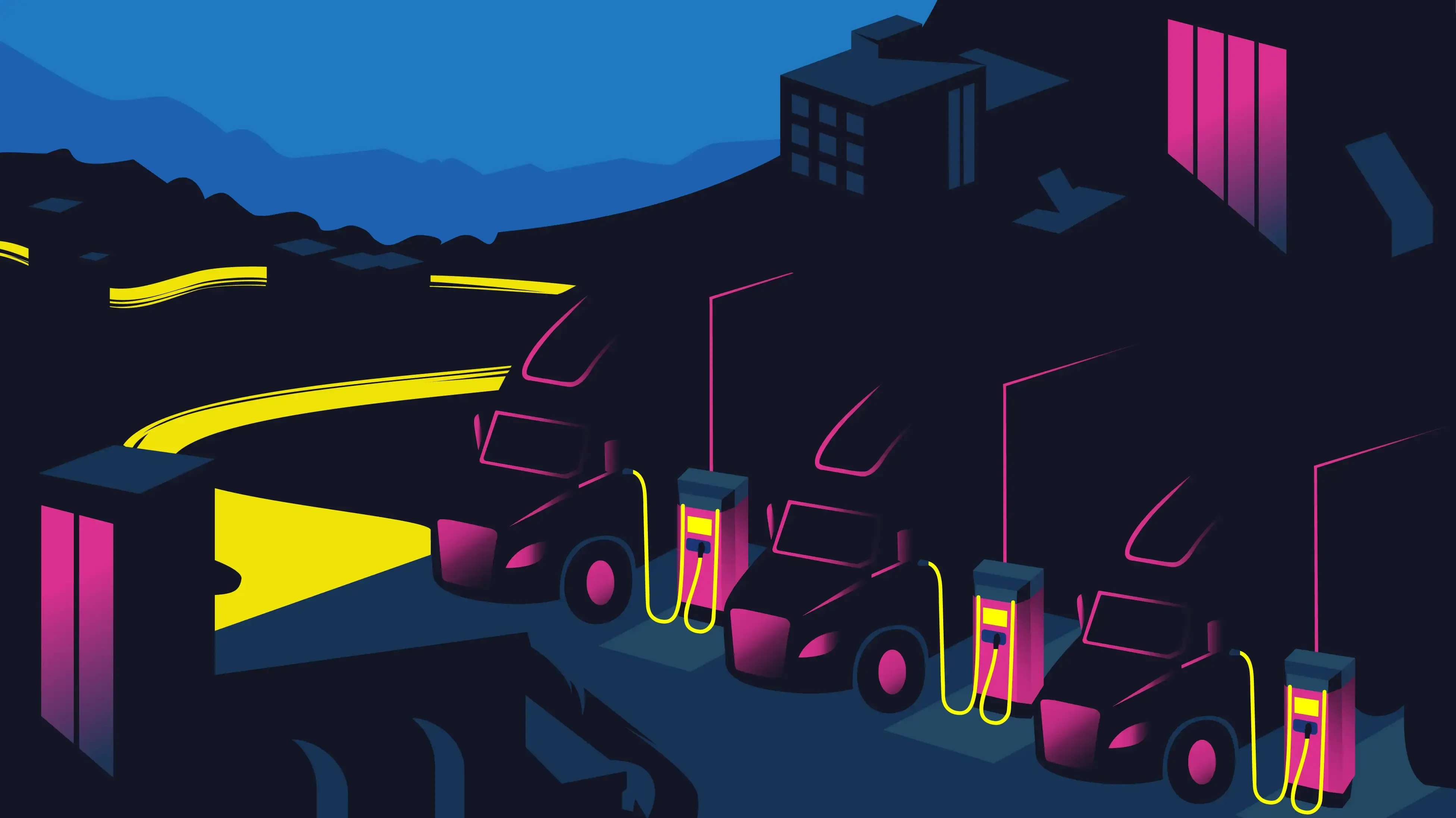 Illustration av tunga elektrifierade fordon som långtradare och lastbilar som står och laddar