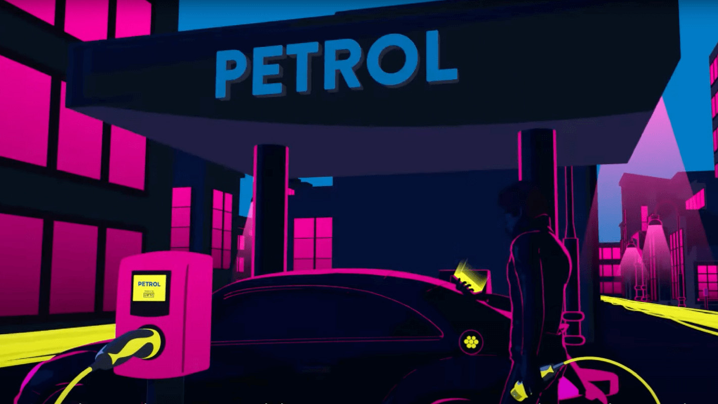 Illustration av en elbil som laddar framför en bensinstation