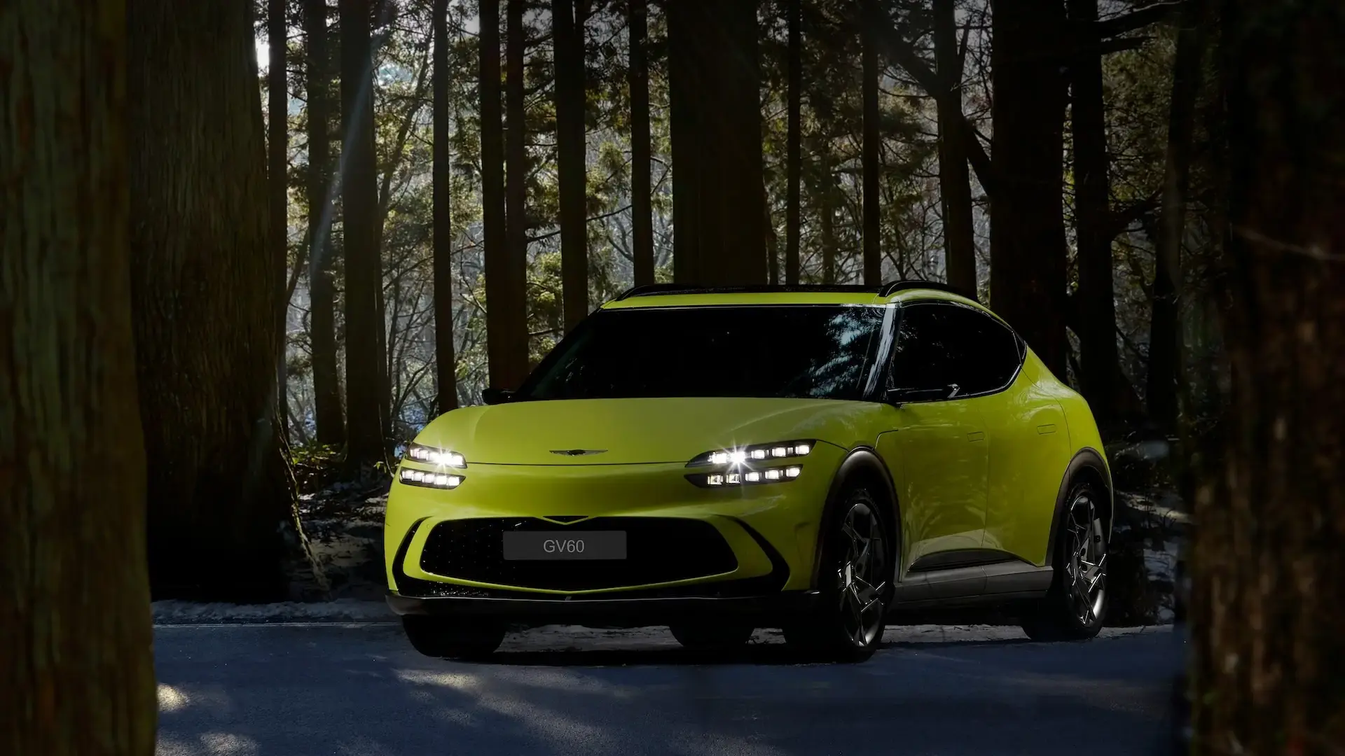 Gelbes E-Auto steht im Wald mit Licht an