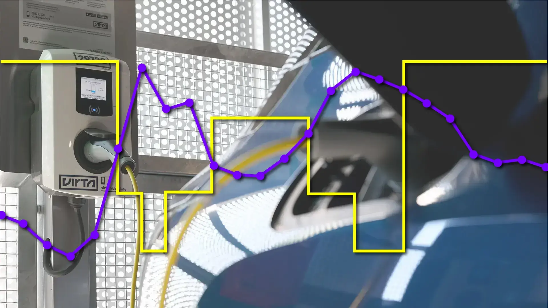 Image d'une voiture électrique bleue se rechargeant sur une borne AC dans un parking, avec un graphique de durée d'utilisation en superposition.