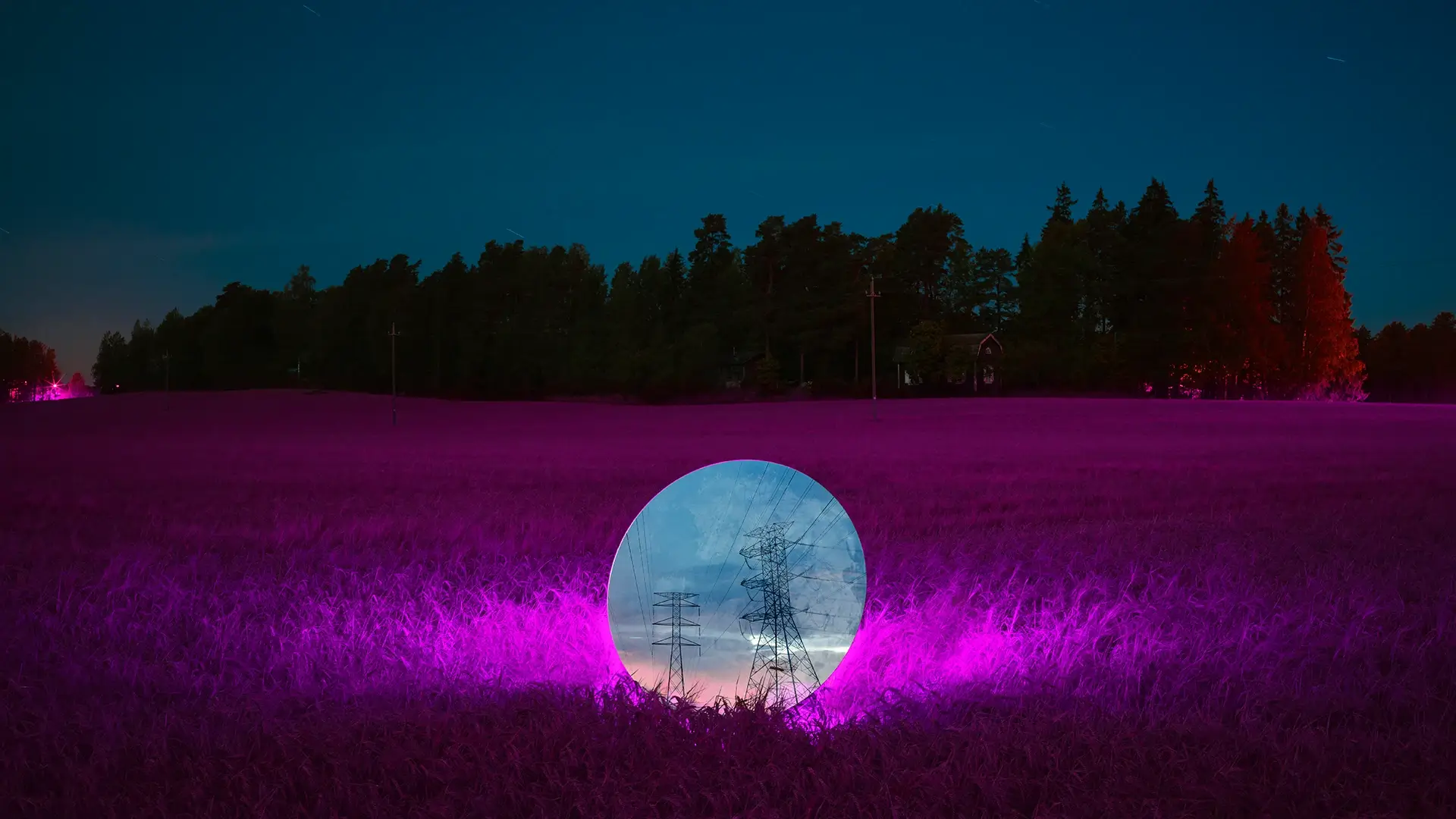 Futuristic glowing orb with electric towers and power lines