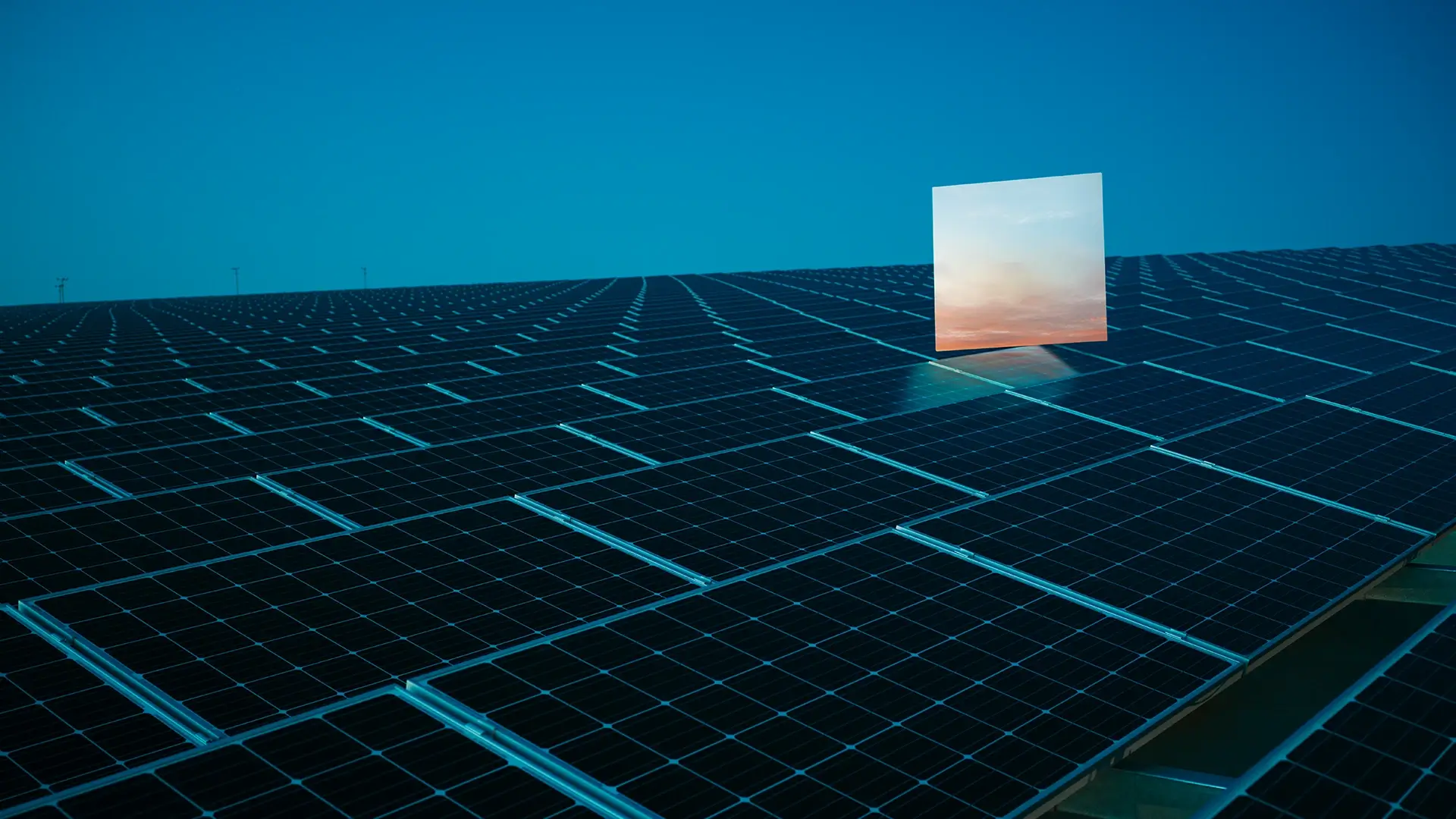 Photovoltaic panels reflecting sunset sky