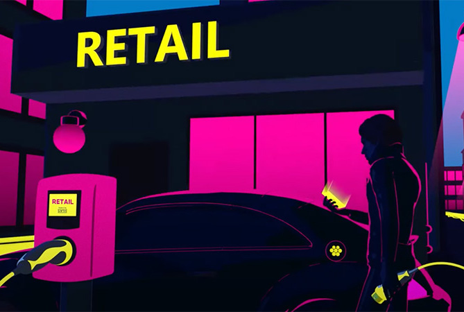 Illustration av en detaljhandelsfasad och utanför den en elbil som är ansluten till en laddstation