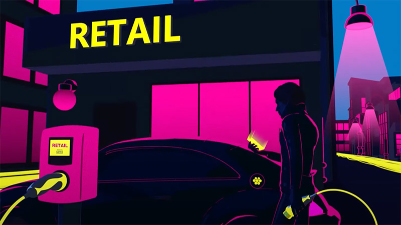 Illustration av en detaljhandelsbutik och utanför en elbil som laddas med en laddstation