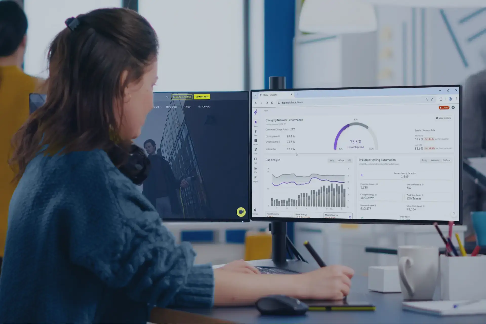 Woman at office desk using Evailable on computer with blue overlay